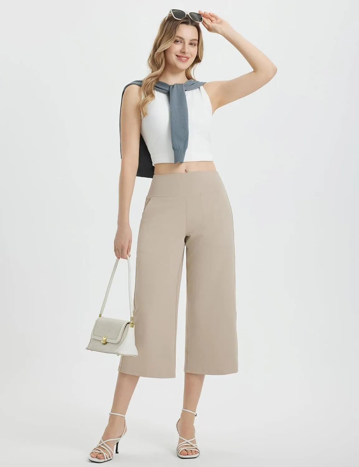 baleaf Women's Capri Pants Wide Leg Yoga Dress Capris High Waist Cropped Pants with Pockets Loose Lounge Travel Summer
