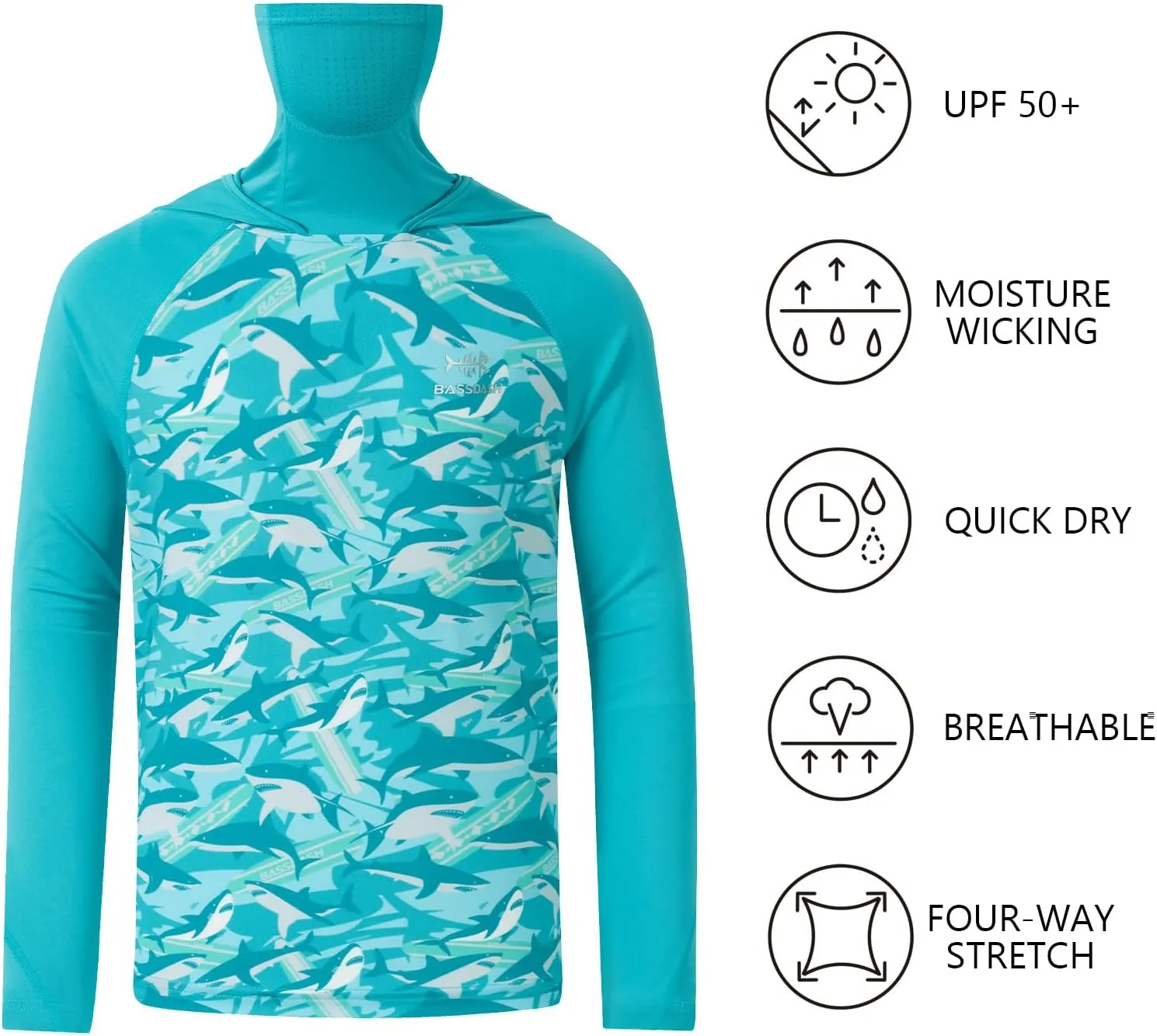 BASSDASH Youth UPF 50  Hooded Shirts with Mask UV Neck Gaiter Sun Protection Long Sleeve T Shirt for Fishing Swim