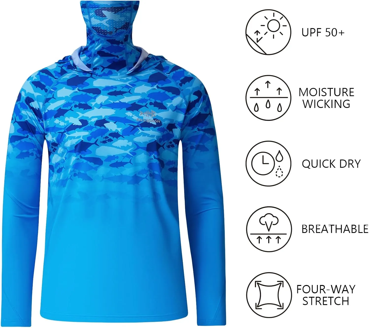 BASSDASH Youth UPF 50  Hooded Shirts with Mask UV Neck Gaiter Sun Protection Long Sleeve T Shirt for Fishing Swim