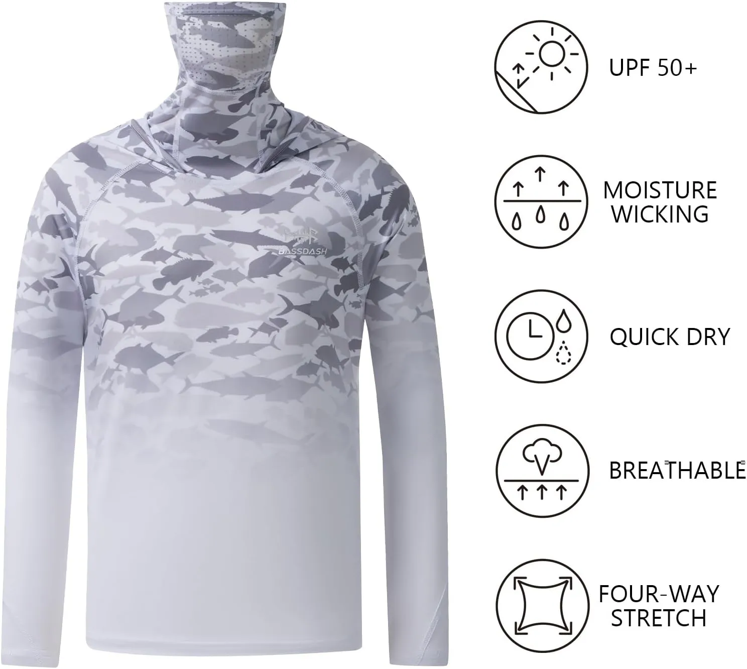BASSDASH Youth UPF 50  Hooded Shirts with Mask UV Neck Gaiter Sun Protection Long Sleeve T Shirt for Fishing Swim