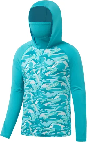 BASSDASH Youth UPF 50  Hooded Shirts with Mask UV Neck Gaiter Sun Protection Long Sleeve T Shirt for Fishing Swim