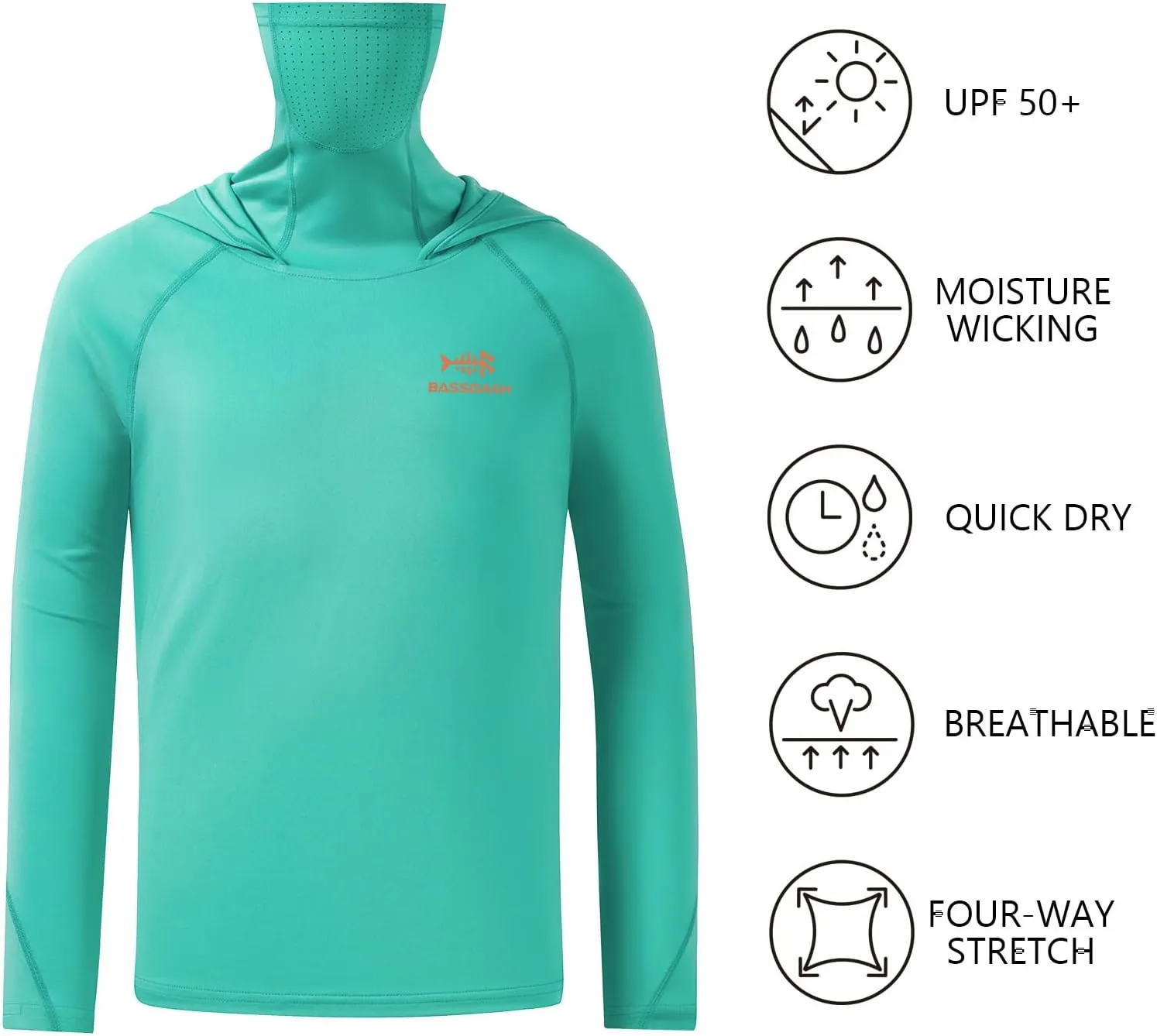 BASSDASH Youth UPF 50  Hooded Shirts with Mask UV Neck Gaiter Sun Protection Long Sleeve T Shirt for Fishing Swim