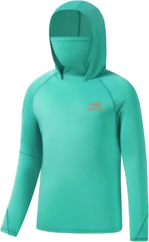 BASSDASH Youth UPF 50  Hooded Shirts with Mask UV Neck Gaiter Sun Protection Long Sleeve T Shirt for Fishing Swim