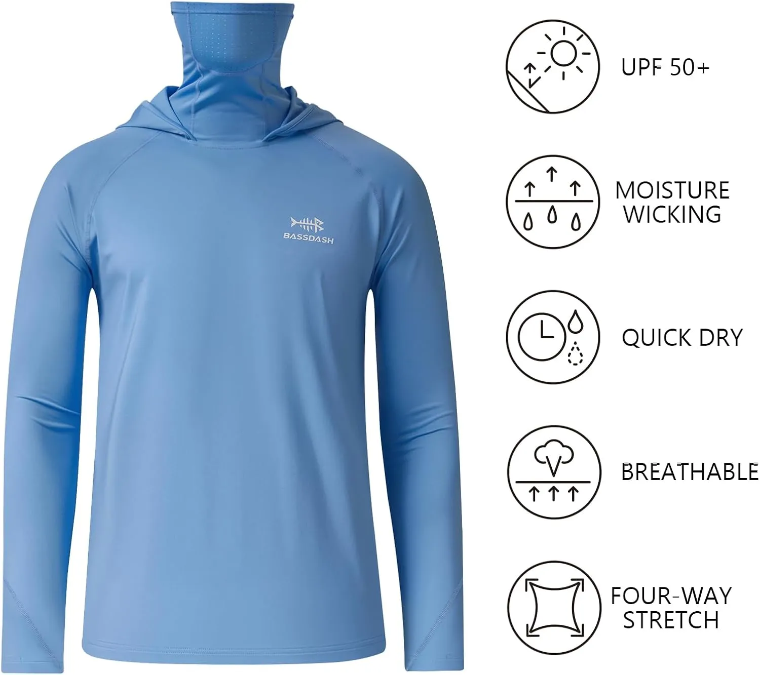 BASSDASH Youth UPF 50  Hooded Shirts with Mask UV Neck Gaiter Sun Protection Long Sleeve T Shirt for Fishing Swim