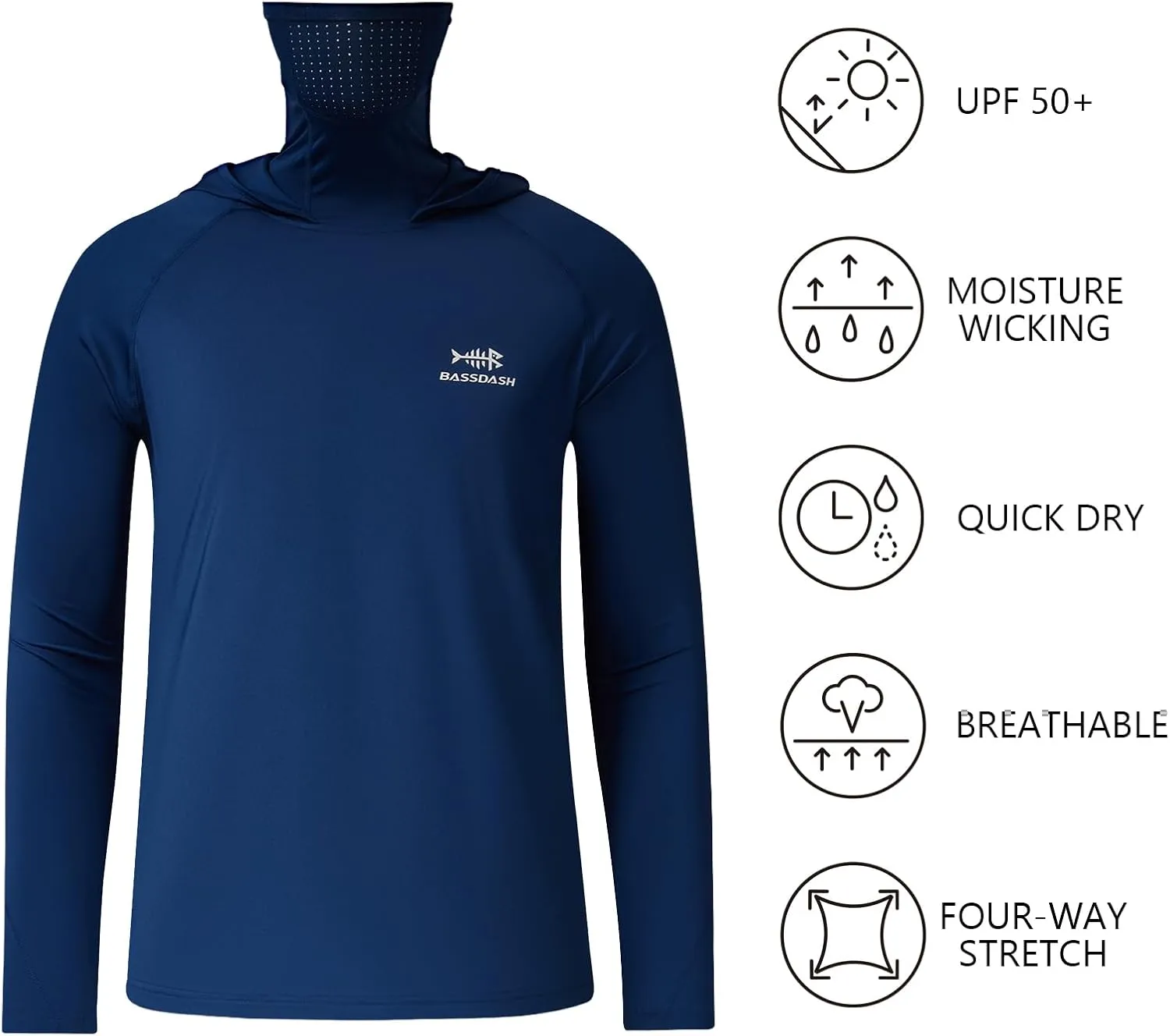 BASSDASH Youth UPF 50  Hooded Shirts with Mask UV Neck Gaiter Sun Protection Long Sleeve T Shirt for Fishing Swim