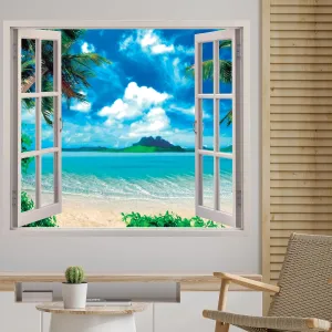 Beach Landscape and Window with 3D Effect Peel and Stick Wall Stickers for Living Room I Bedroom Wall Decor I Wall Decal for Beach House Decorations I Multiple Sizes Options (Wide 30"x21" Height)