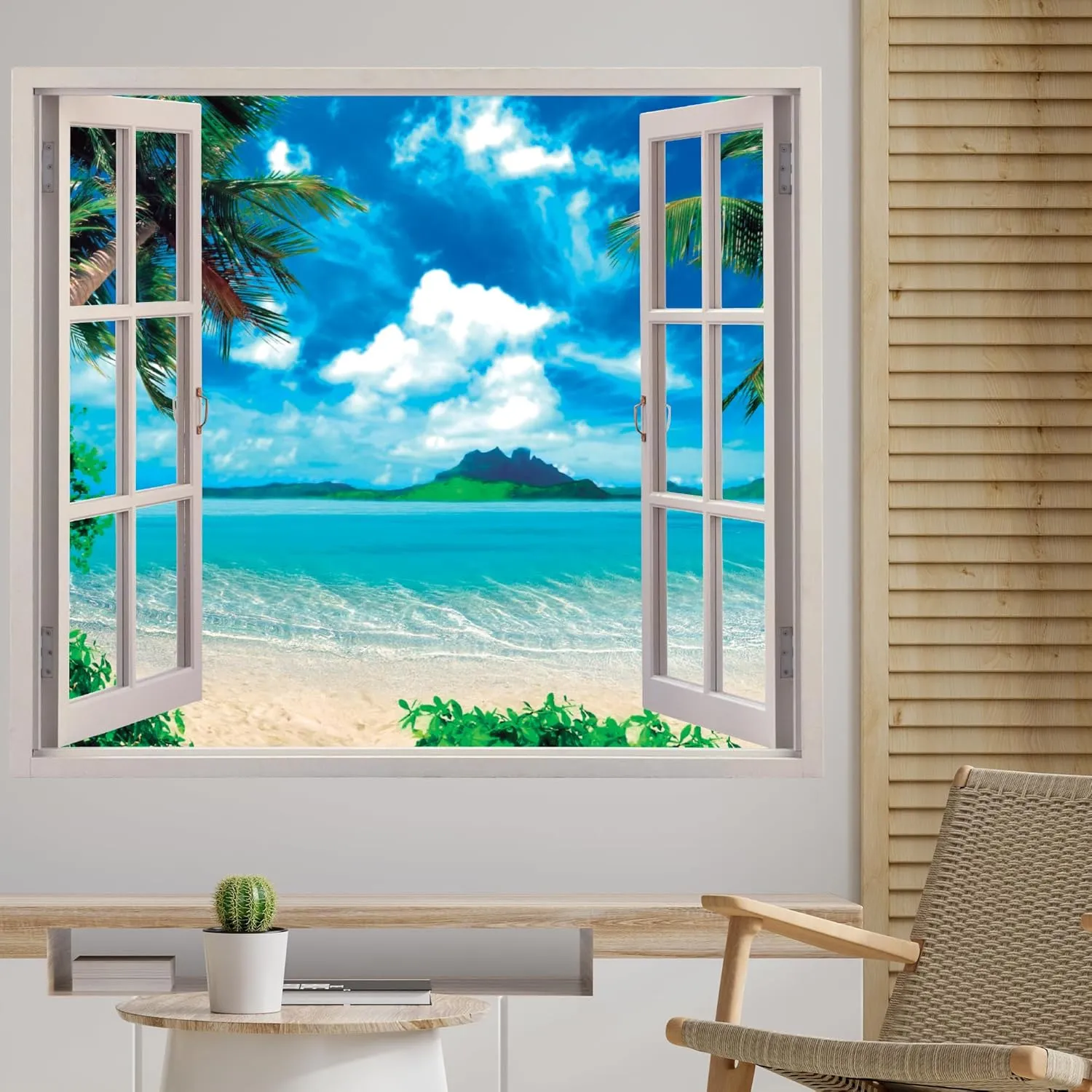 Beach Landscape and Window with 3D Effect Peel and Stick Wall Stickers for Living Room I Bedroom Wall Decor I Wall Decal for Beach House Decorations I Multiple Sizes Options (Wide 30"x21" Height)