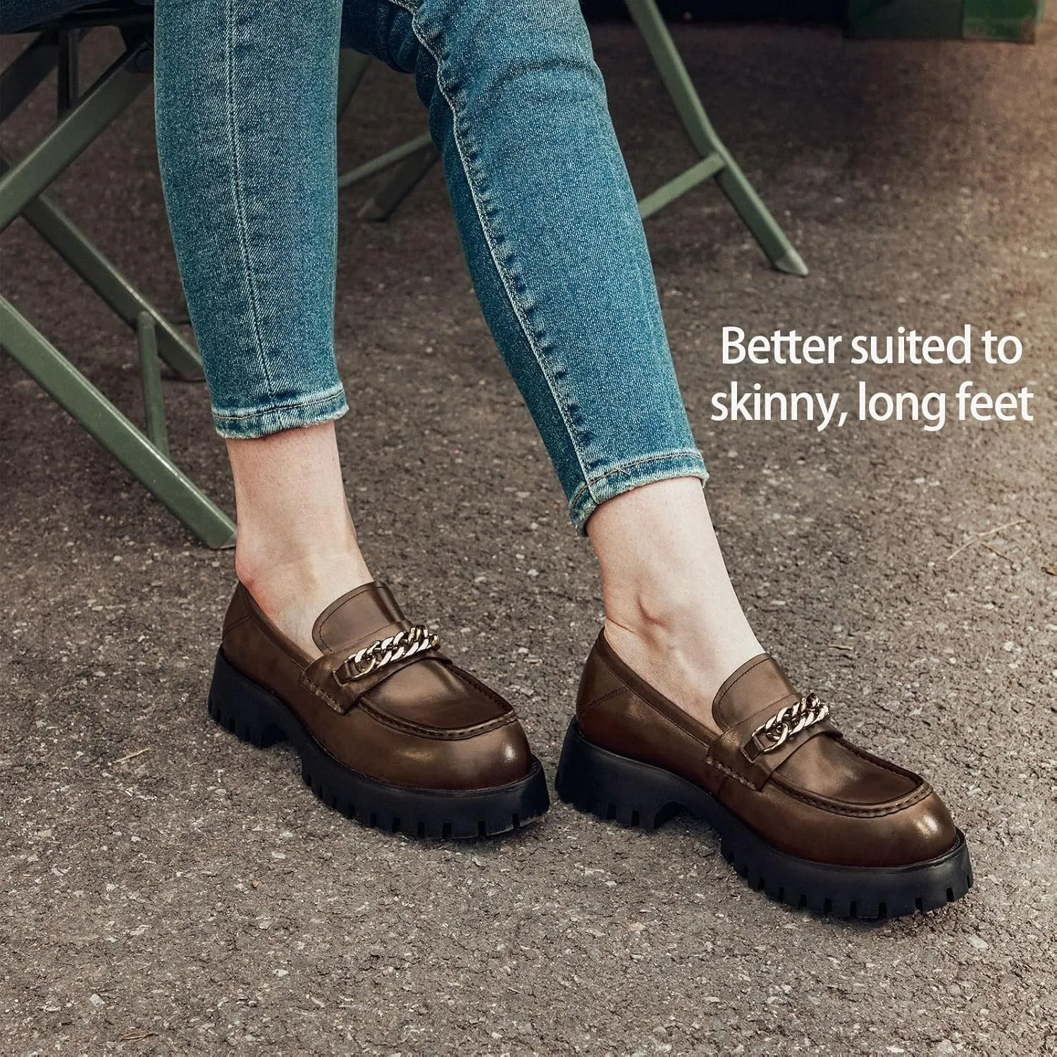 BEAU TODAY Chunky Loafers for Women,Womens Platform Loafer Shoes,Chunky Heel Lug Sole Slip-on Metal Chain Shoes,Comfort Round Toe Business Work Office Shoes