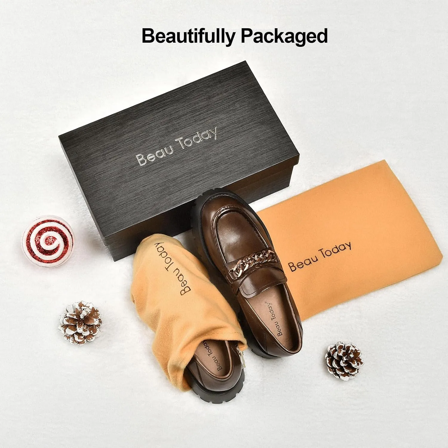 BEAU TODAY Chunky Loafers for Women,Womens Platform Loafer Shoes,Chunky Heel Lug Sole Slip-on Metal Chain Shoes,Comfort Round Toe Business Work Office Shoes