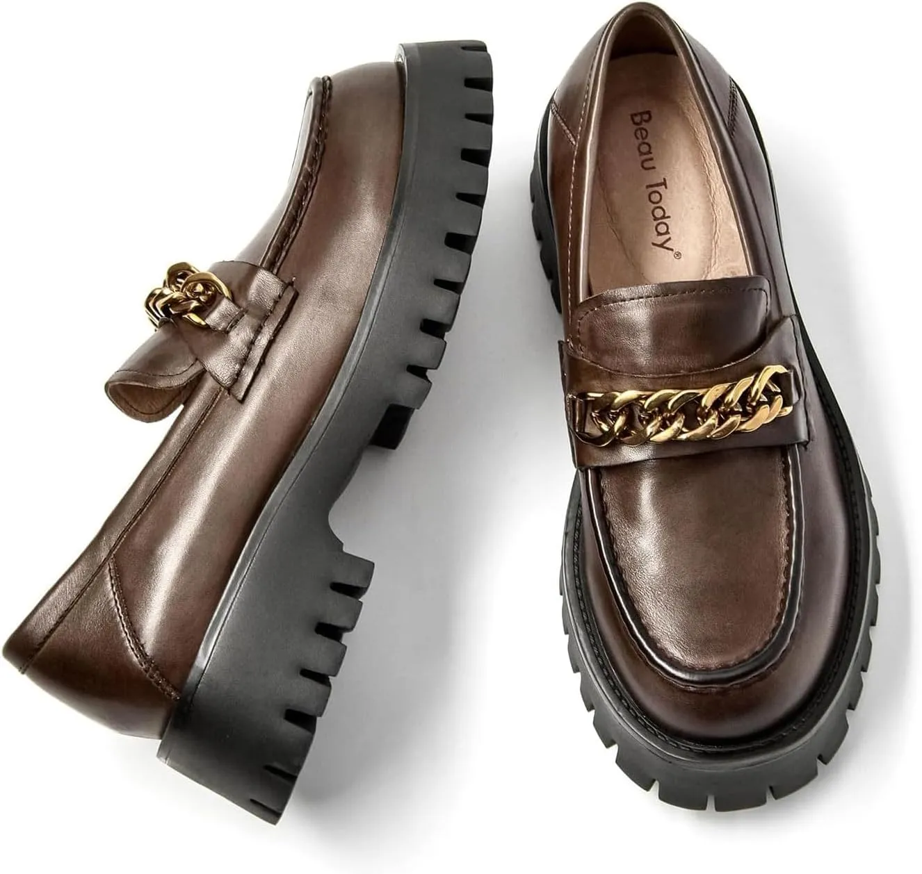 BEAU TODAY Chunky Loafers for Women,Womens Platform Loafer Shoes,Chunky Heel Lug Sole Slip-on Metal Chain Shoes,Comfort Round Toe Business Work Office Shoes