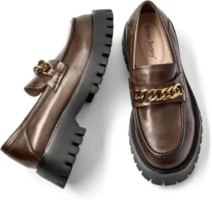 BEAU TODAY Chunky Loafers for Women,Womens Platform Loafer Shoes,Chunky Heel Lug Sole Slip-on Metal Chain Shoes,Comfort Round Toe Business Work Office Shoes