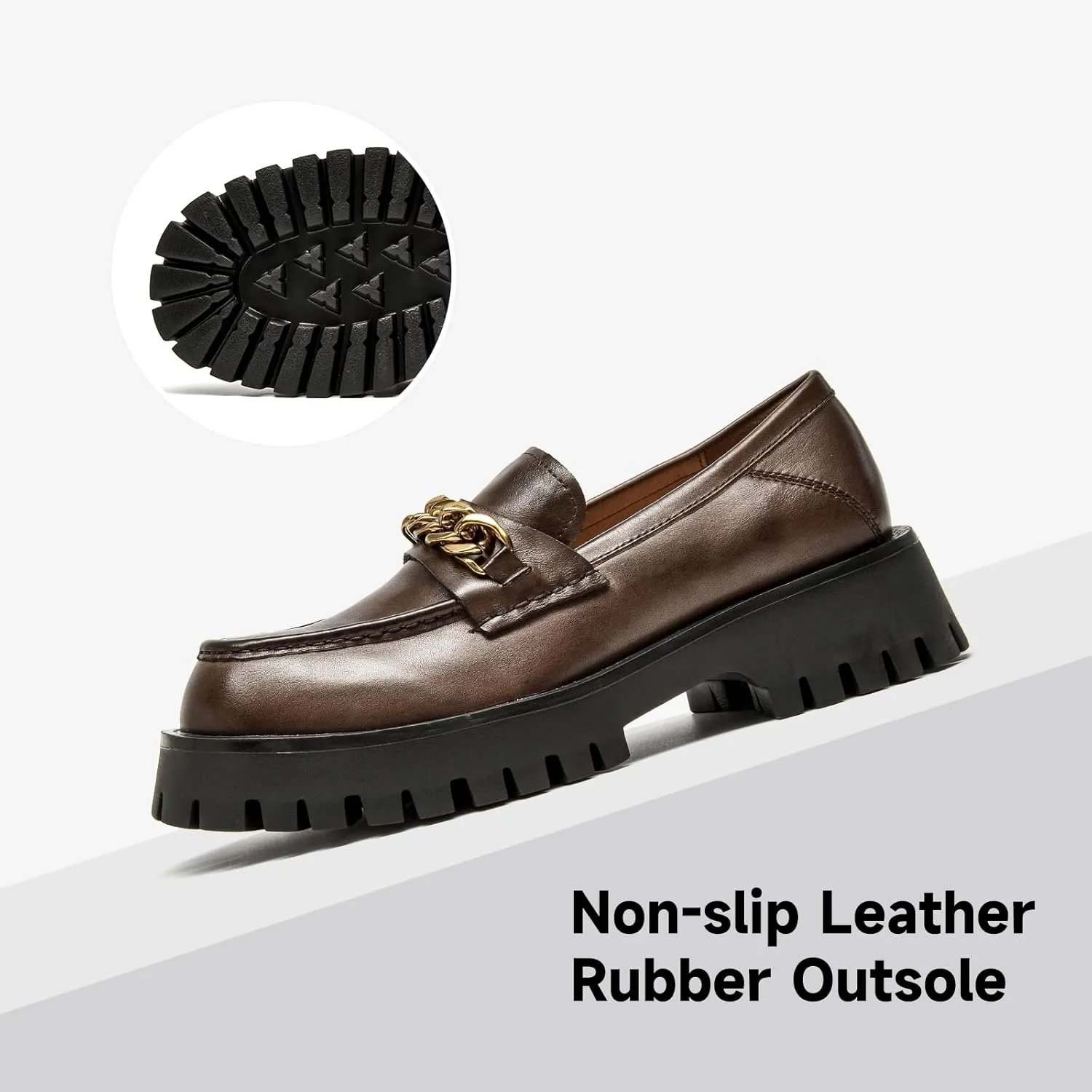 BEAU TODAY Chunky Loafers for Women,Womens Platform Loafer Shoes,Chunky Heel Lug Sole Slip-on Metal Chain Shoes,Comfort Round Toe Business Work Office Shoes