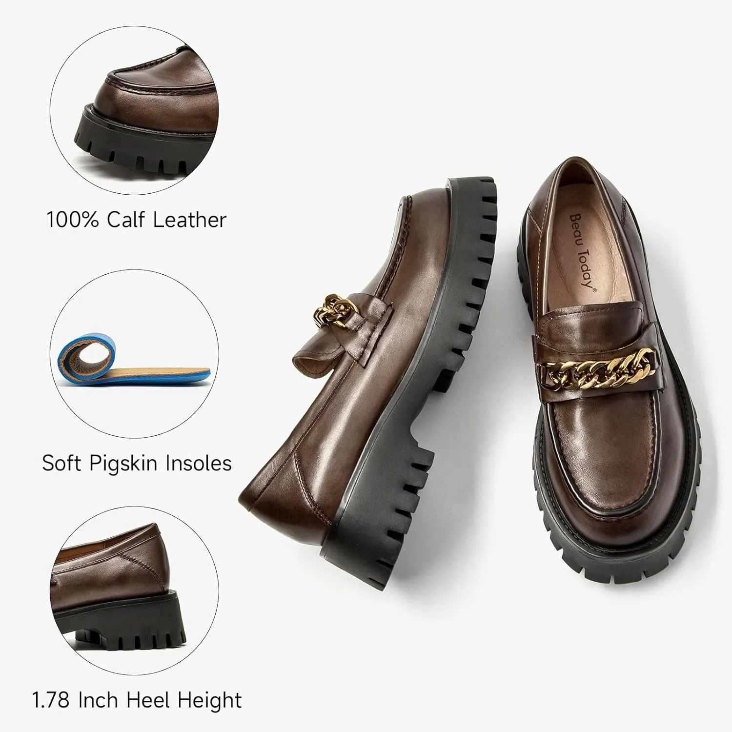 BEAU TODAY Chunky Loafers for Women,Womens Platform Loafer Shoes,Chunky Heel Lug Sole Slip-on Metal Chain Shoes,Comfort Round Toe Business Work Office Shoes