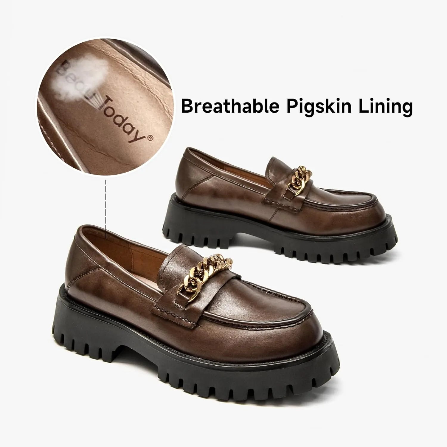 BEAU TODAY Chunky Loafers for Women,Womens Platform Loafer Shoes,Chunky Heel Lug Sole Slip-on Metal Chain Shoes,Comfort Round Toe Business Work Office Shoes