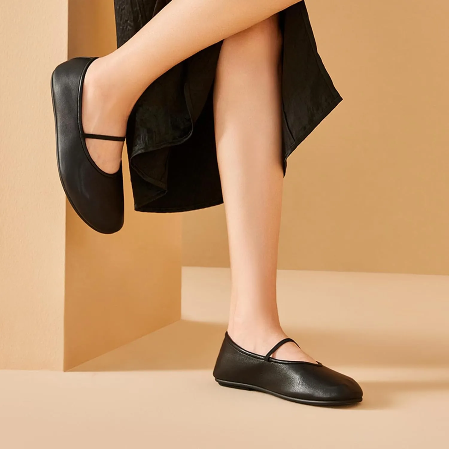 BEAU TODAY Womens Mary Jane Fats, Genuine Leather Ballet Flats for Women, Comfortable Sheepskin Round Toe Mary Jane Shoes Cute Fashion Flat Shoes