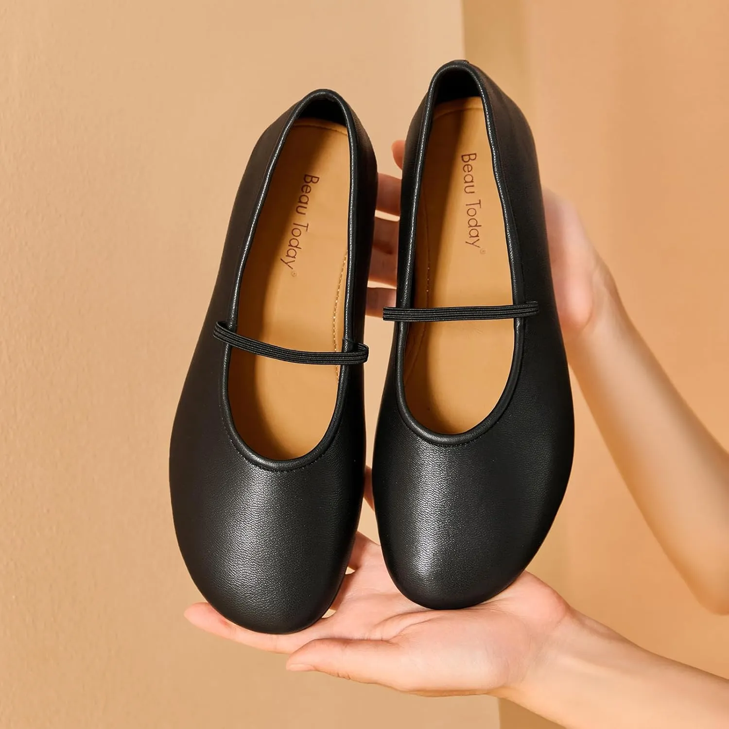 BEAU TODAY Womens Mary Jane Fats, Genuine Leather Ballet Flats for Women, Comfortable Sheepskin Round Toe Mary Jane Shoes Cute Fashion Flat Shoes