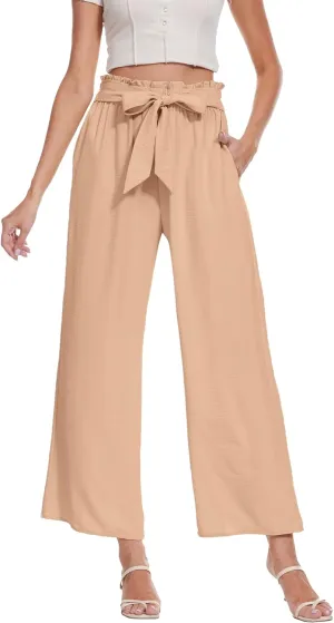 Beautiful Nomad Women's Wide Leg Lounge Pants High Waist Adjustable Knot Loose Casual Work Flowy Trousers with Pockets