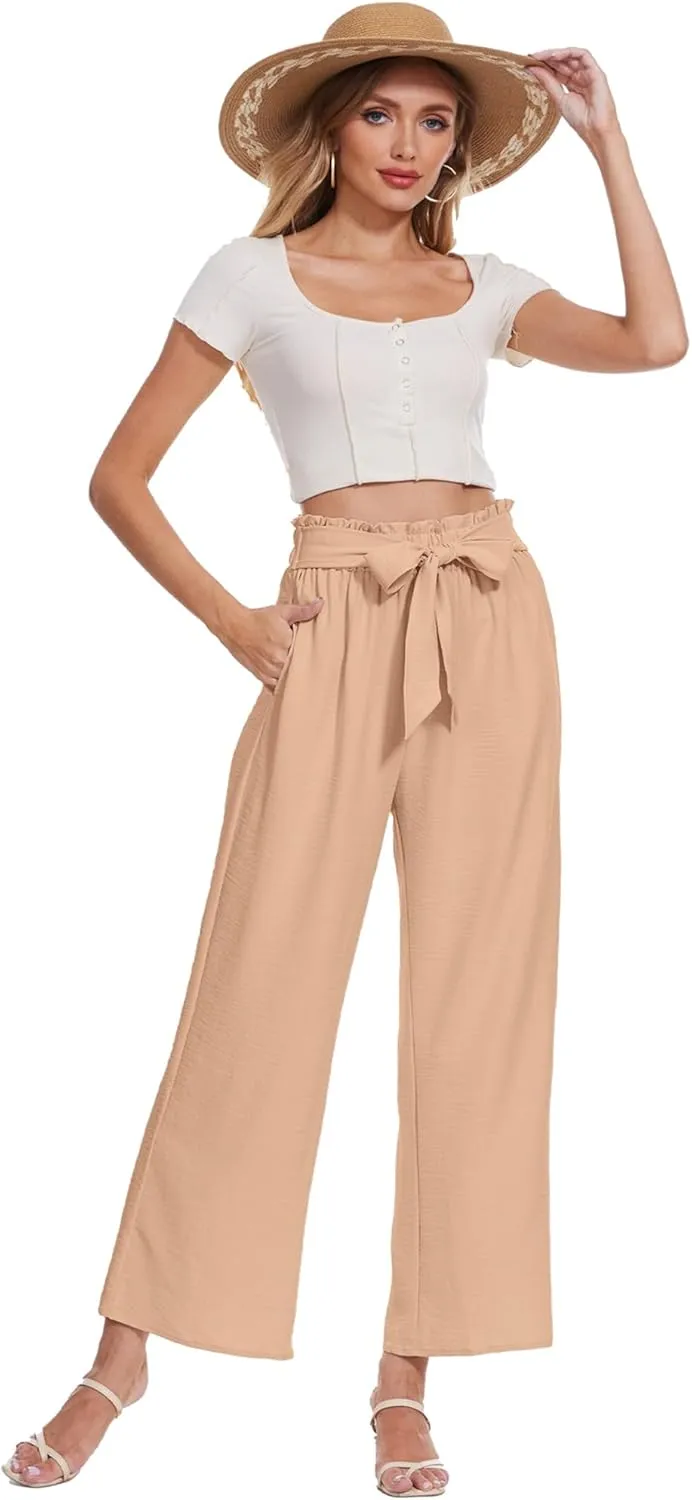 Beautiful Nomad Women's Wide Leg Lounge Pants High Waist Adjustable Knot Loose Casual Work Flowy Trousers with Pockets