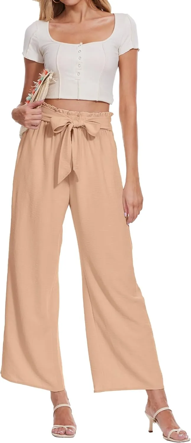 Beautiful Nomad Women's Wide Leg Lounge Pants High Waist Adjustable Knot Loose Casual Work Flowy Trousers with Pockets