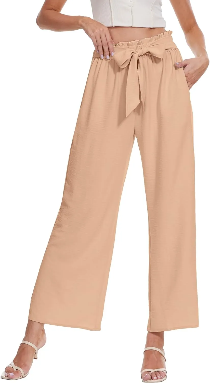 Beautiful Nomad Women's Wide Leg Lounge Pants High Waist Adjustable Knot Loose Casual Work Flowy Trousers with Pockets