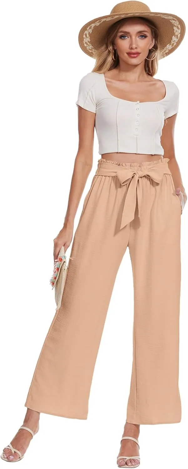 Beautiful Nomad Women's Wide Leg Lounge Pants High Waist Adjustable Knot Loose Casual Work Flowy Trousers with Pockets