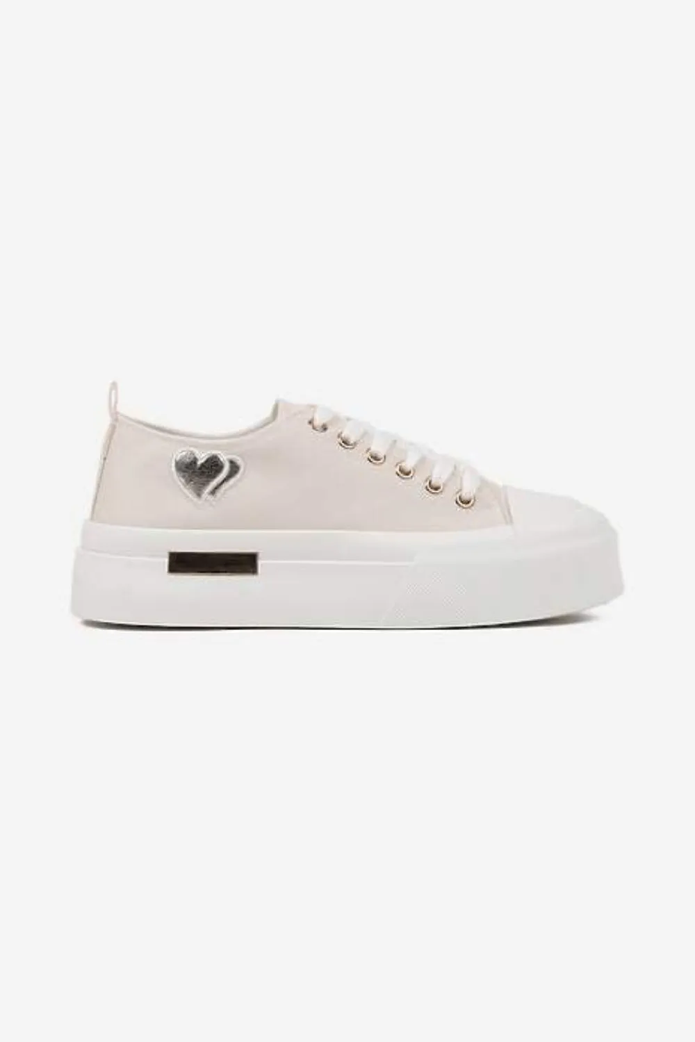 BEIGE LACE UP HEART DETAIL CHUNKY STYLISH FLAT TRAINERS