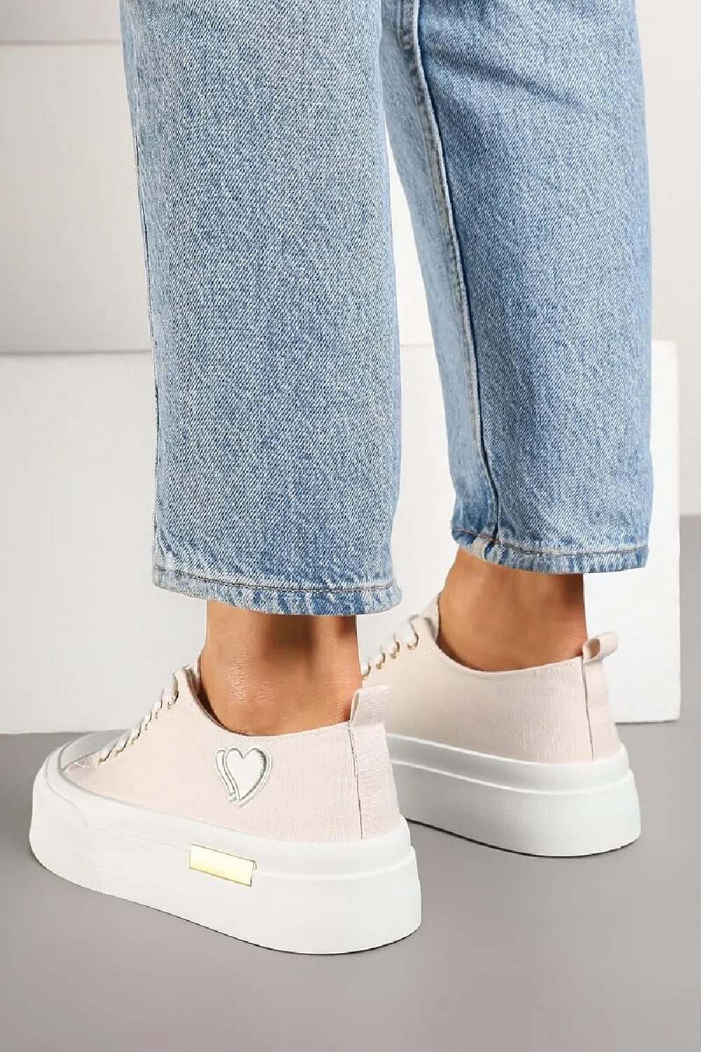BEIGE LACE UP HEART DETAIL CHUNKY STYLISH FLAT TRAINERS