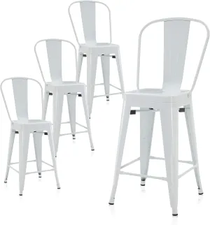 BELLEZE Metal Bar Stools, Indoor Outdoor Weather Resistant Industrial Vintage Tolix Chair for Patio Kitchen Cafe Bistro Restaurant Farmhouse [Set of 4] - Alexander (White)