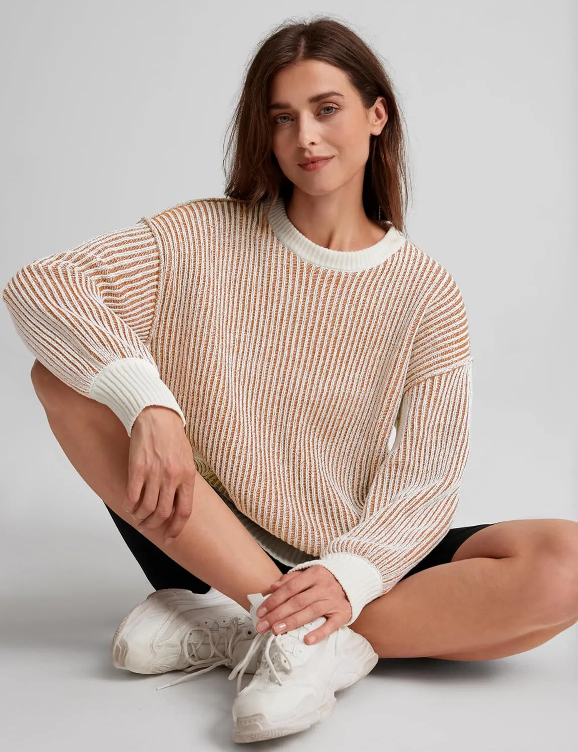 Beyond Chenille Sweater for Women 2024 Winter Crew Neck Pullover Sweater Color Block Knit Tops