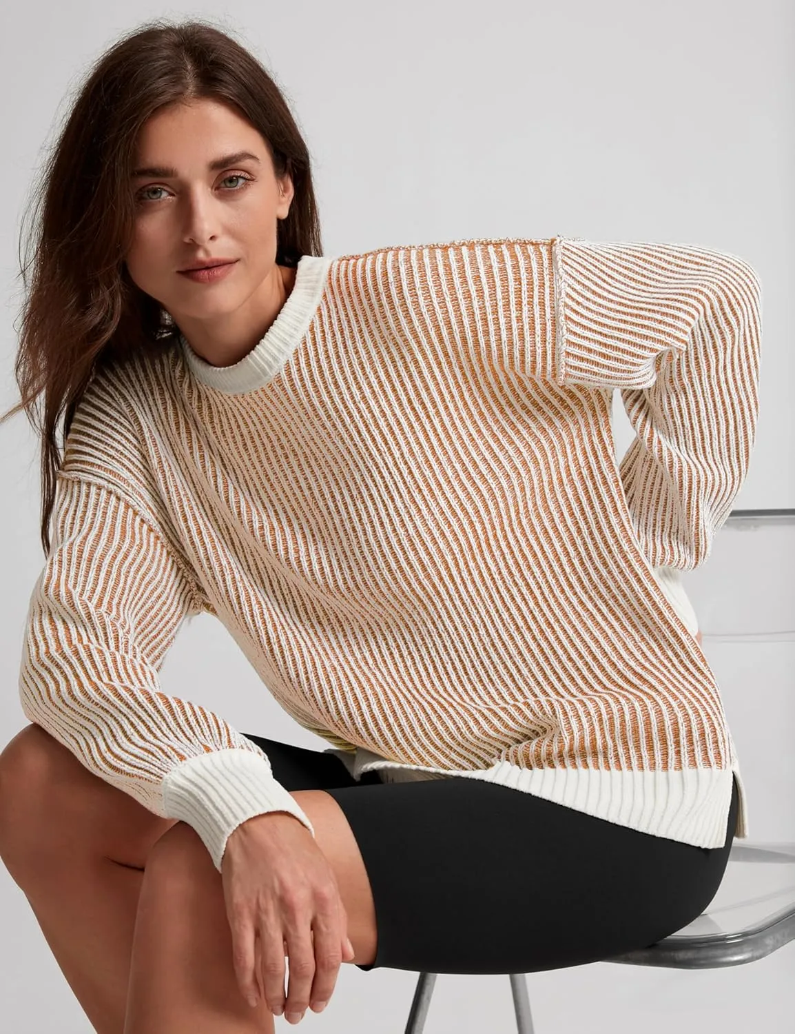 Beyond Chenille Sweater for Women 2024 Winter Crew Neck Pullover Sweater Color Block Knit Tops