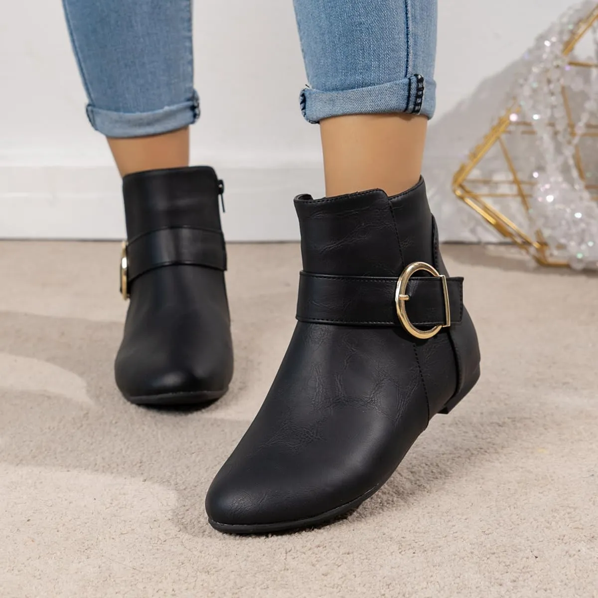 Black Leather Flat Ankle Booties for Women - Round Toe Fall Booties with Metal Lock, Stylish Flat Ankle Boots