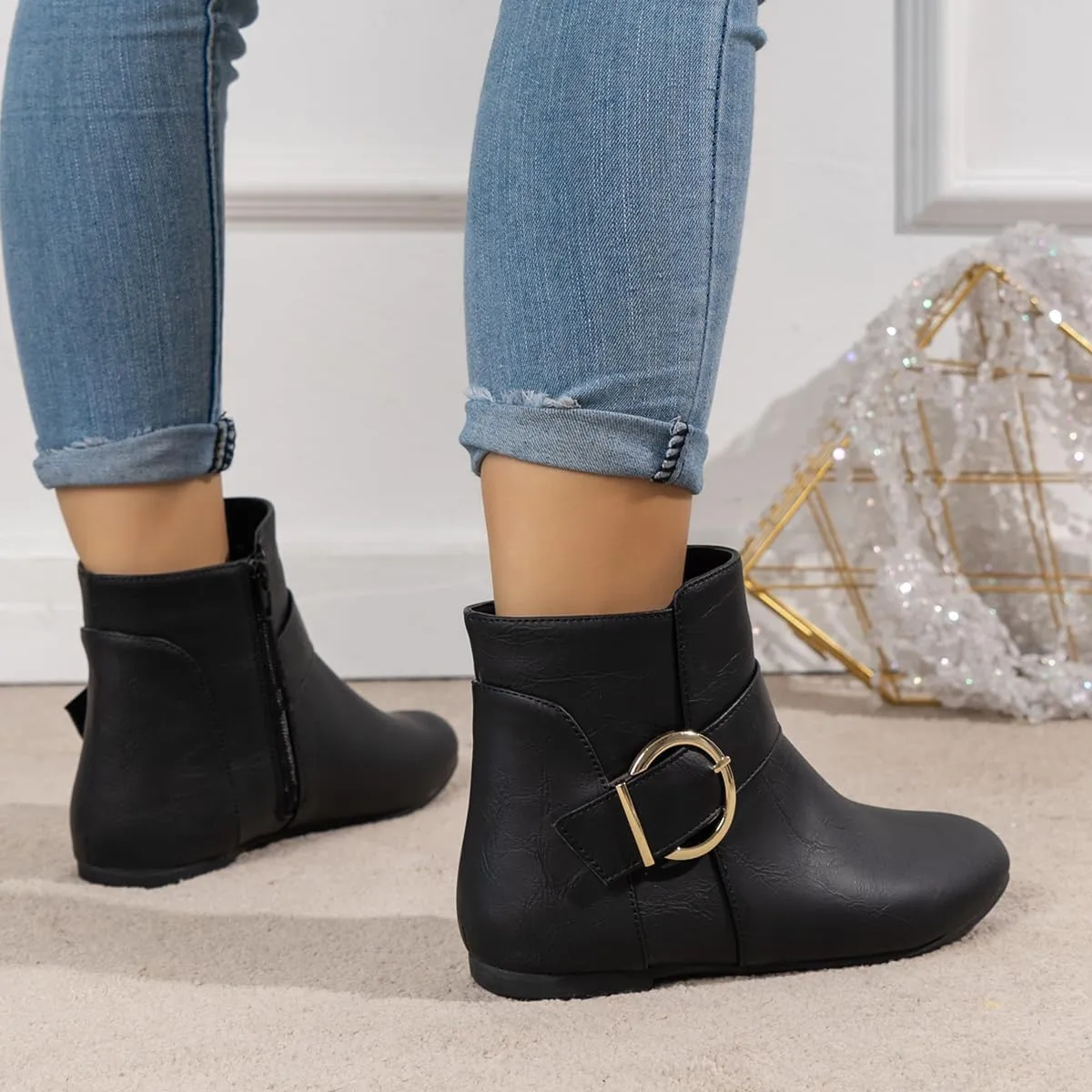 Black Leather Flat Ankle Booties for Women - Round Toe Fall Booties with Metal Lock, Stylish Flat Ankle Boots