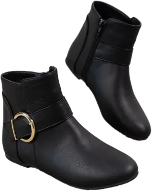 Black Leather Flat Ankle Booties for Women - Round Toe Fall Booties with Metal Lock, Stylish Flat Ankle Boots