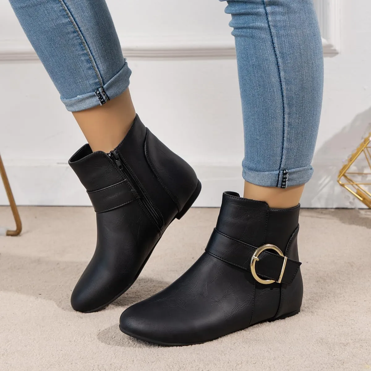 Black Leather Flat Ankle Booties for Women - Round Toe Fall Booties with Metal Lock, Stylish Flat Ankle Boots