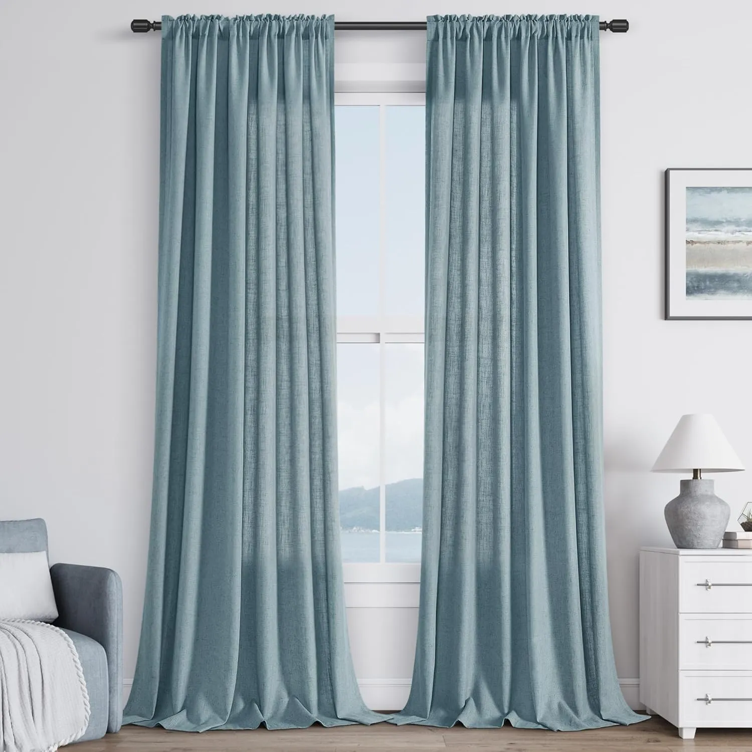 Blue Linen Semi Sheer Curtains 96 Inch Length for Living Bedroom 2 Panels Rod Pocket Light Filetring Privacy Linen Blend Cotton Textured Rustic Farmhouse Decor Drapes for Dining Room, W52xL96