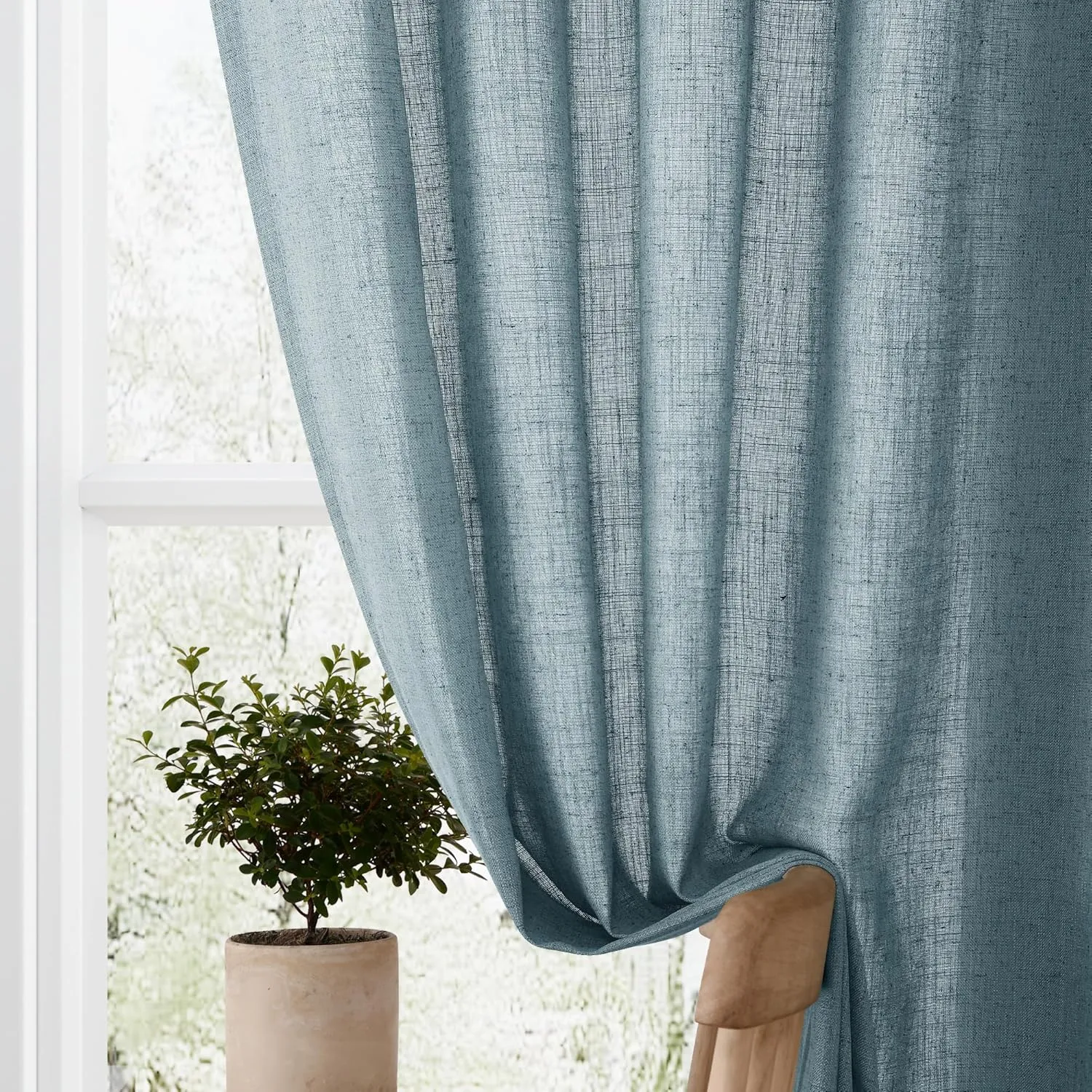 Blue Linen Semi Sheer Curtains 96 Inch Length for Living Bedroom 2 Panels Rod Pocket Light Filetring Privacy Linen Blend Cotton Textured Rustic Farmhouse Decor Drapes for Dining Room, W52xL96