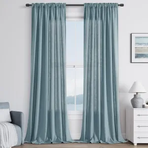 Blue Linen Semi Sheer Curtains 96 Inch Length for Living Bedroom 2 Panels Rod Pocket Light Filetring Privacy Linen Blend Cotton Textured Rustic Farmhouse Decor Drapes for Dining Room, W52xL96
