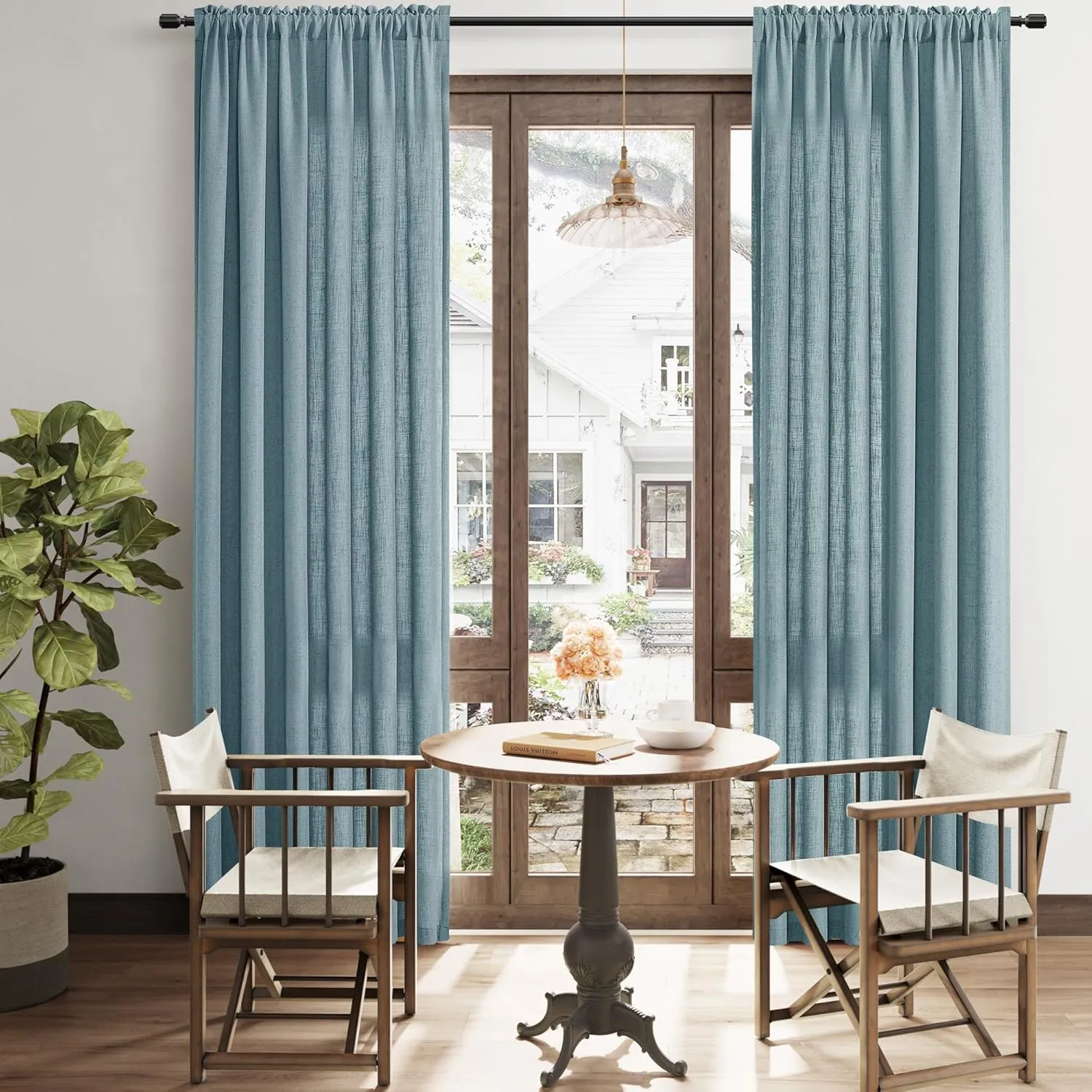 Blue Linen Semi Sheer Curtains 96 Inch Length for Living Bedroom 2 Panels Rod Pocket Light Filetring Privacy Linen Blend Cotton Textured Rustic Farmhouse Decor Drapes for Dining Room, W52xL96