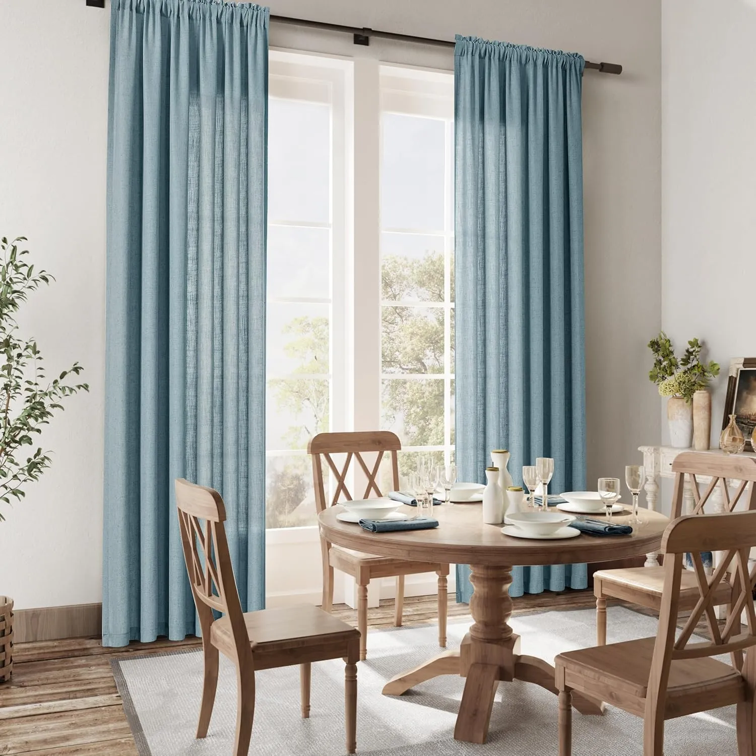 Blue Linen Semi Sheer Curtains 96 Inch Length for Living Bedroom 2 Panels Rod Pocket Light Filetring Privacy Linen Blend Cotton Textured Rustic Farmhouse Decor Drapes for Dining Room, W52xL96