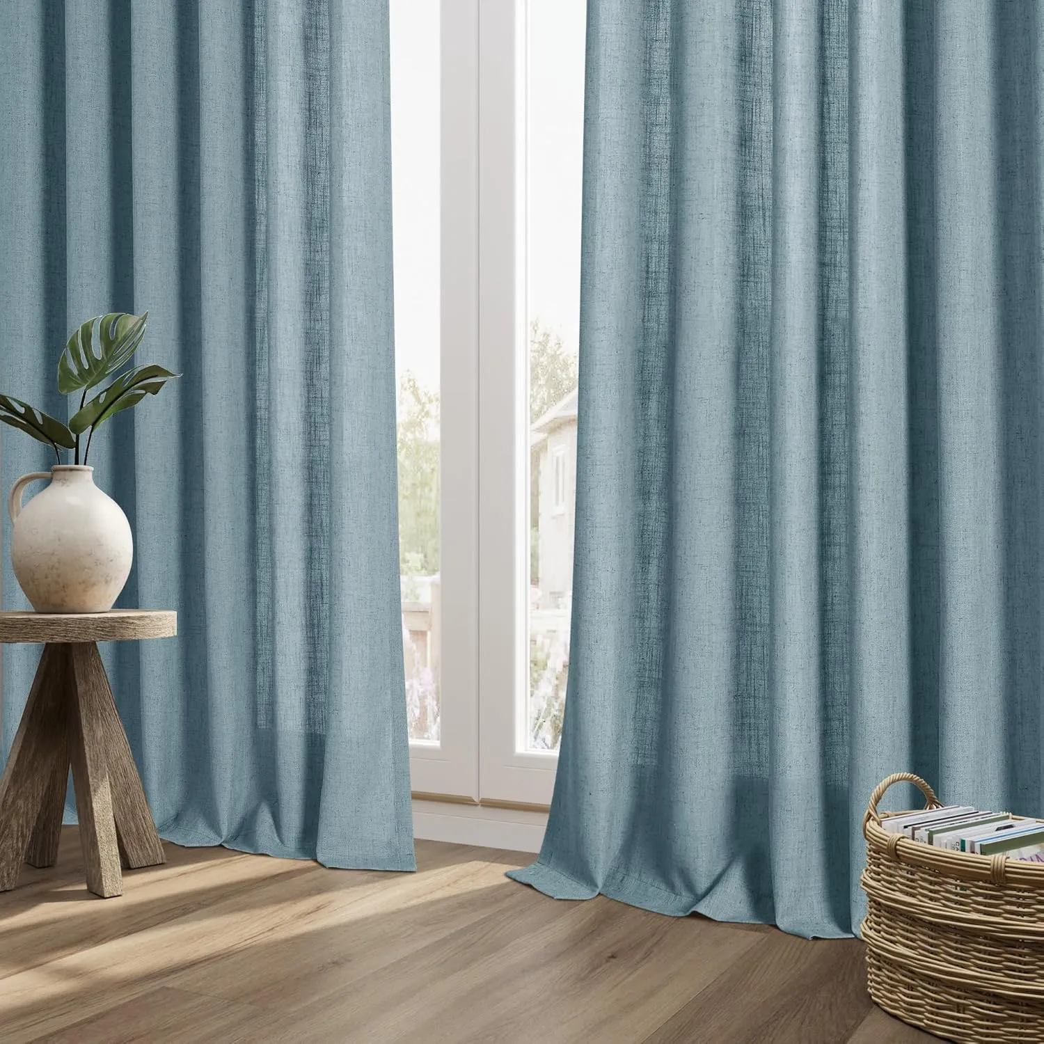 Blue Linen Semi Sheer Curtains 96 Inch Length for Living Bedroom 2 Panels Rod Pocket Light Filetring Privacy Linen Blend Cotton Textured Rustic Farmhouse Decor Drapes for Dining Room, W52xL96