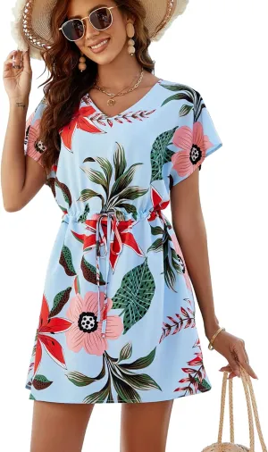 Bluetime Women Casual Swim Cover up V-Neck Summer Coverups Flowy Short Sleeve Mini Beach Dress