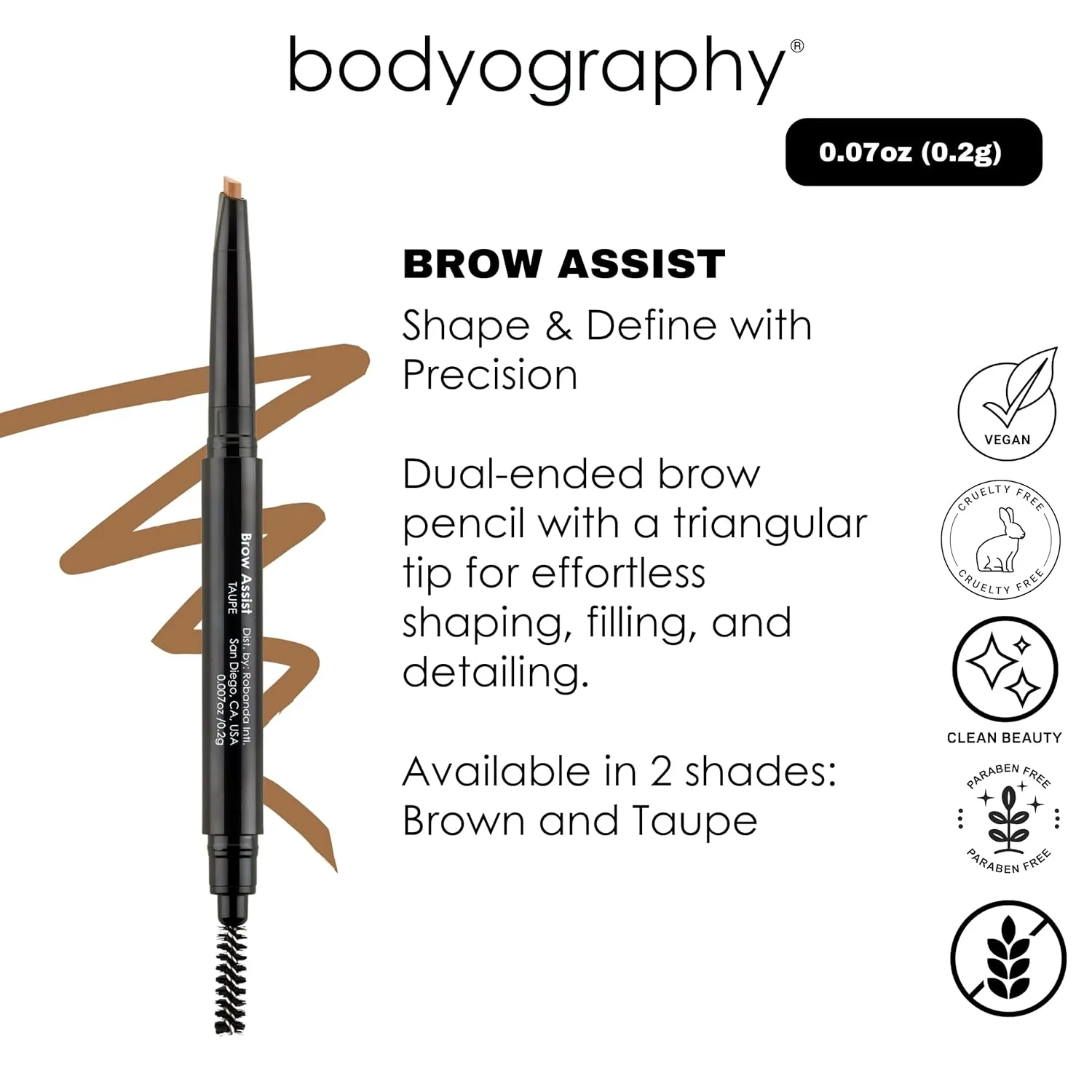 Bodyography Brow Assist – Taupe | Triangular Tip Eyebrow Pencil for Women with Built-In Spoolie | Defines, Fills & Shapes Brows | Mineral-Based Formula with Castor & Coconut Oil | Clean, Vegan