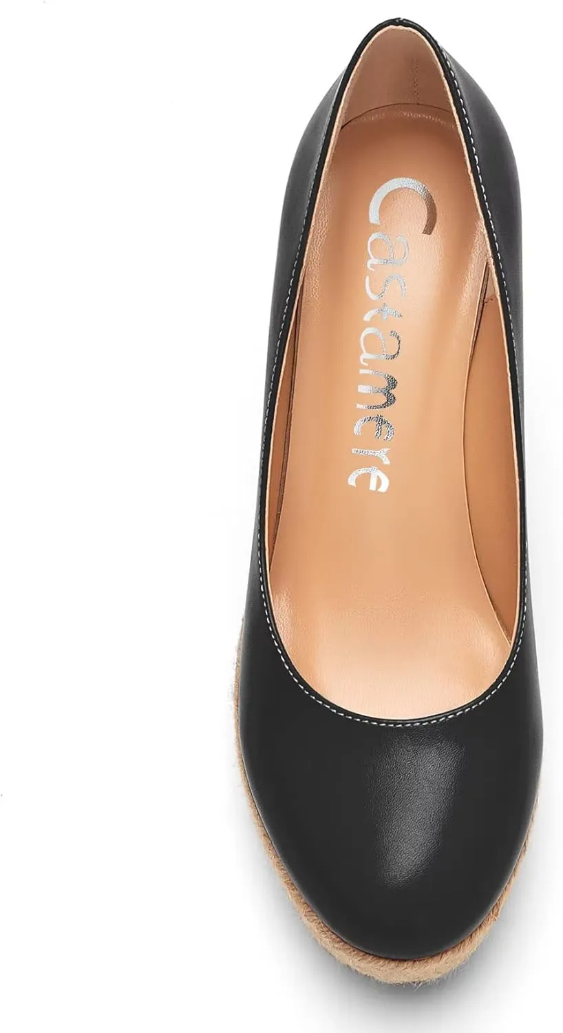 Castamere Women High Heel Wedge Platform Round Toe Pumps Slip-on Classic Cute Office Shoes