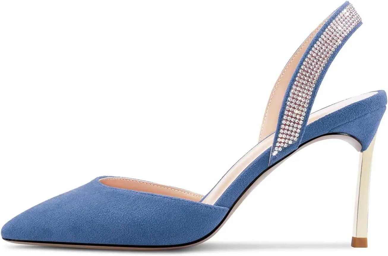Castamere Women High Stiletto Heel Diamond Crystal Pointed Toe Pumps Slingback Slip-on Suede 8.5 CM Shoes