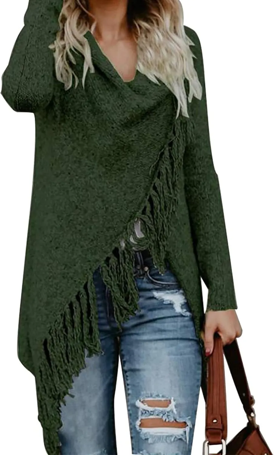 CEASIKERY Women's Tassel Hem Sweater Long Cardigan Knitwer Pullover Poncho Coat