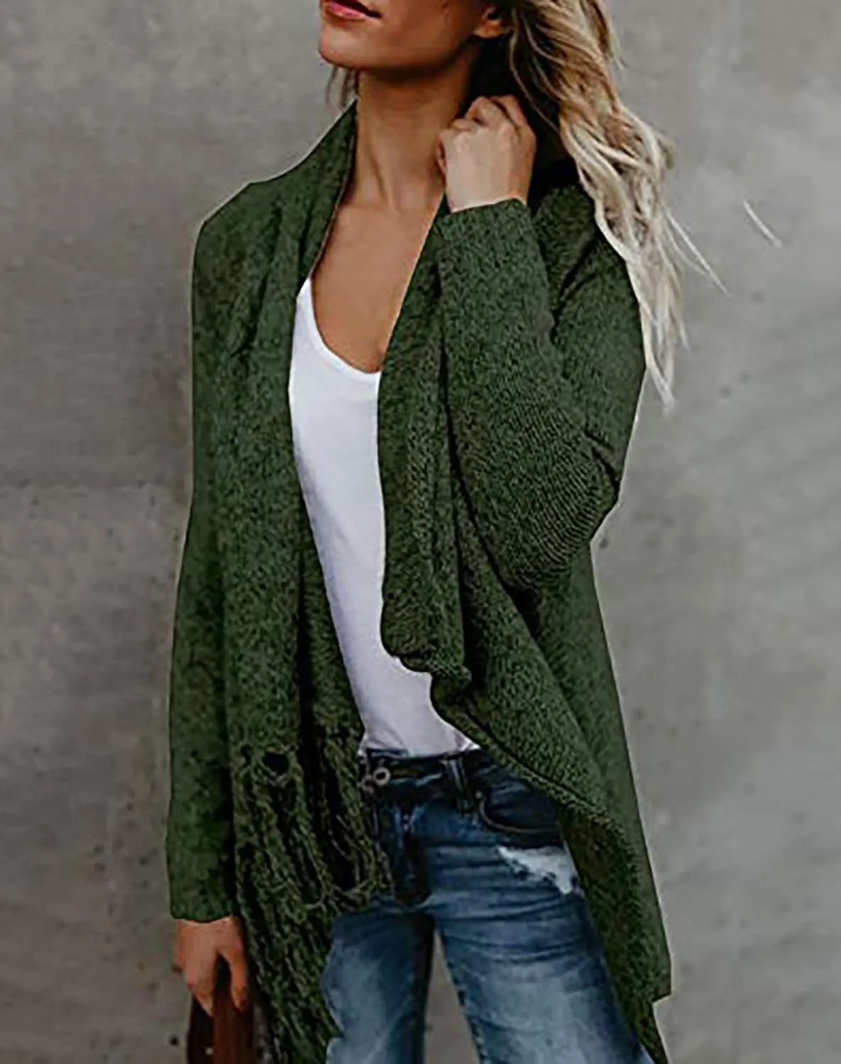 CEASIKERY Women's Tassel Hem Sweater Long Cardigan Knitwer Pullover Poncho Coat