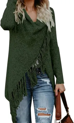 CEASIKERY Women's Tassel Hem Sweater Long Cardigan Knitwer Pullover Poncho Coat