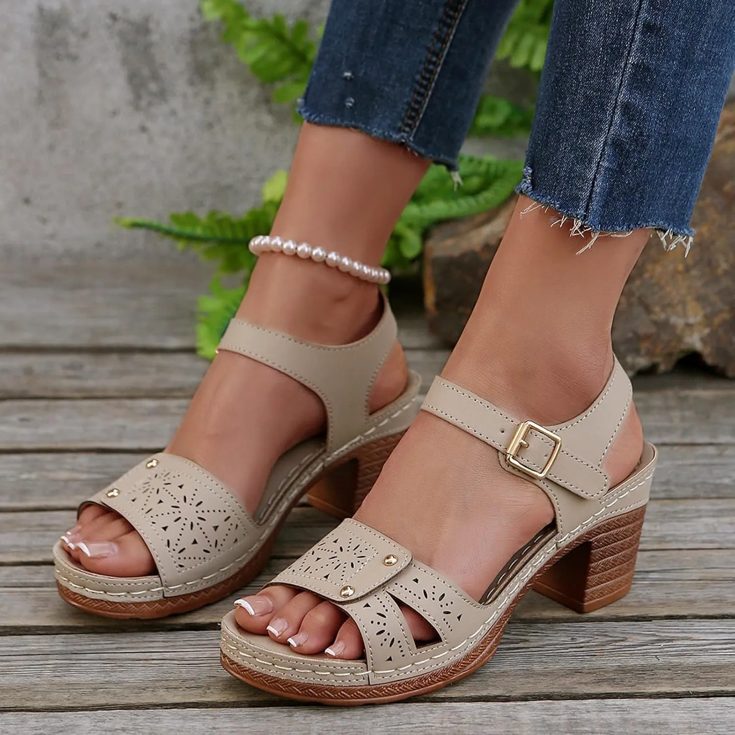 Chunky Sandals for Women Dressy Low Wedge Heels Sandal Comfortable Platform Summer Casual Shoes Arch Support Ankle Strap Wedge Sandals Hollow Out Open Toe Breathable Shoe