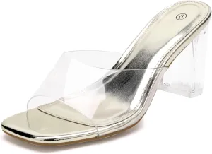 Clear Heels for Women Transparent Rhinestone Strap Block Chunky Square Heel Sandals Open Toe Slip On Sandals