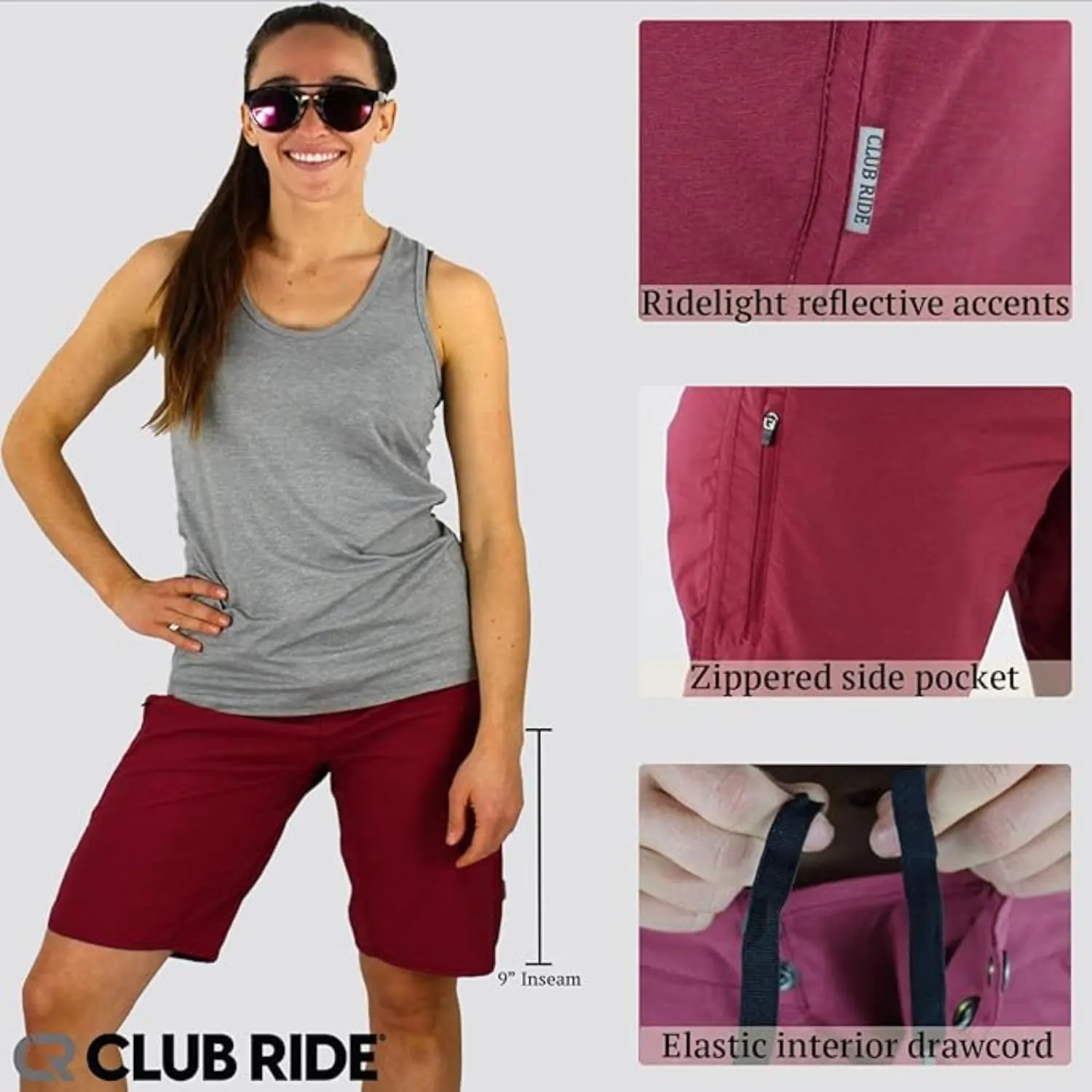 Club Ride Apparel Women's Savvy Cycling Shorts - 9-Inch Inseam Biking Shorts